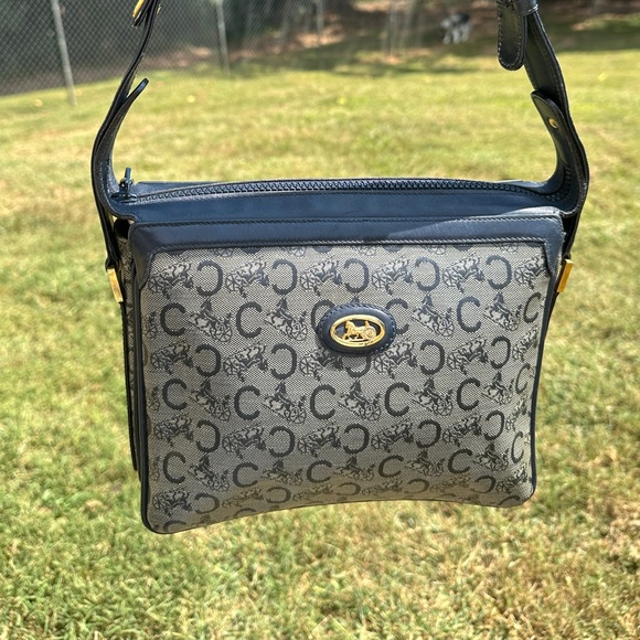 Celine Handbags - Céline Diffusion Macadam Shoulder Bag Navy Leather Trim Vintage 80s-90s